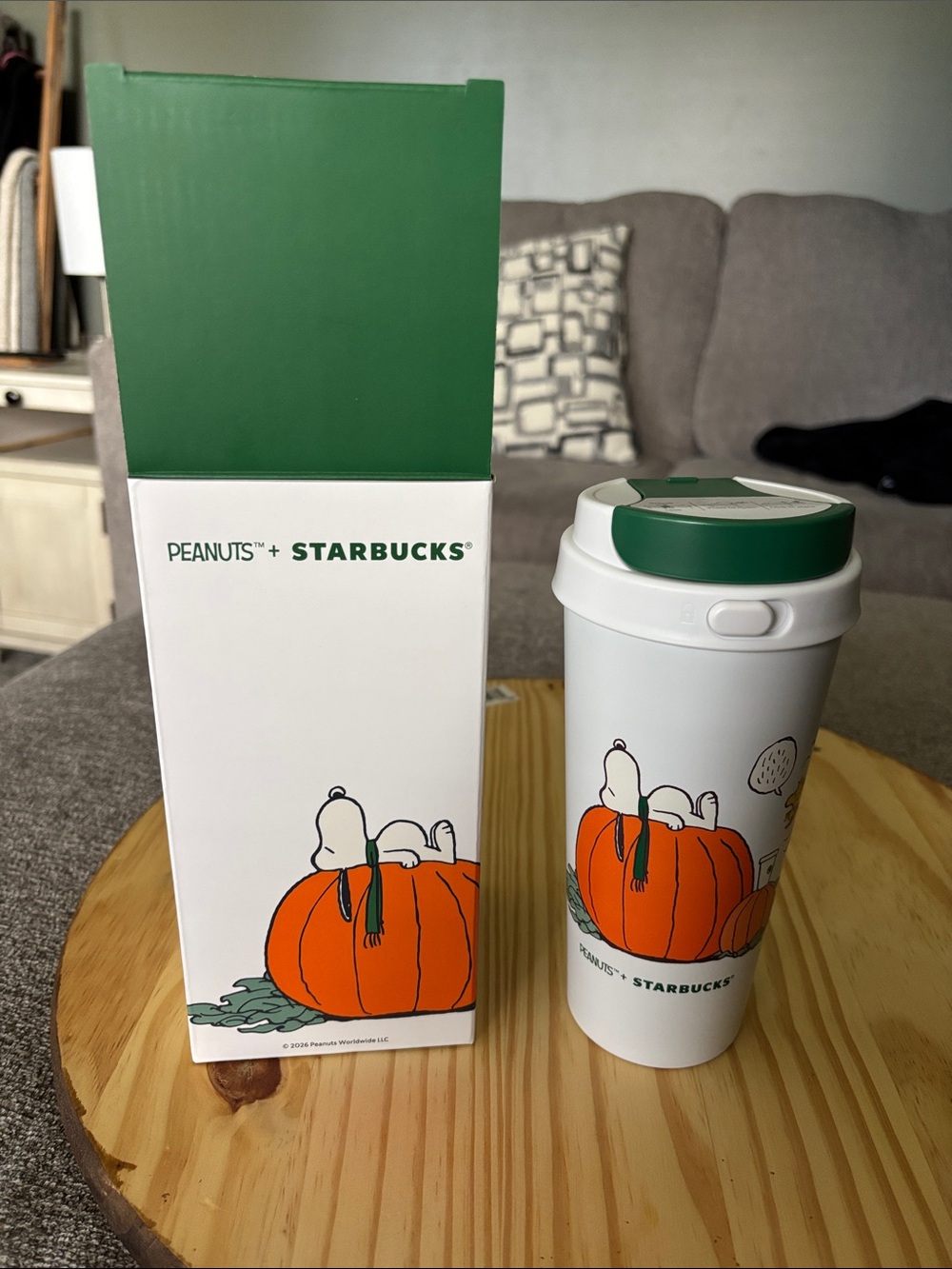 Starbucks White Travel Mug with Orange Pumpkin and Green Lid